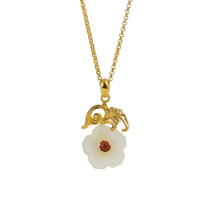 EverestArtstudios Hetian Jade Flower 925 Sterling Silver Luck Necklace Pendant