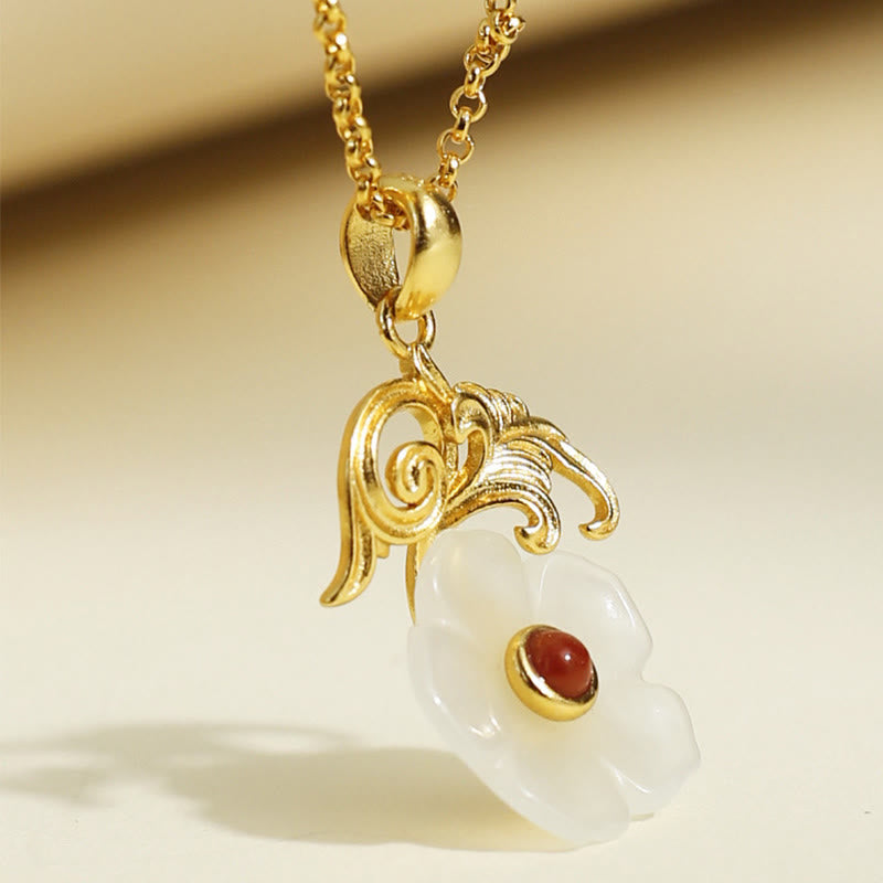 EverestArtstudios Hetian Jade Flower 925 Sterling Silver Luck Necklace Pendant