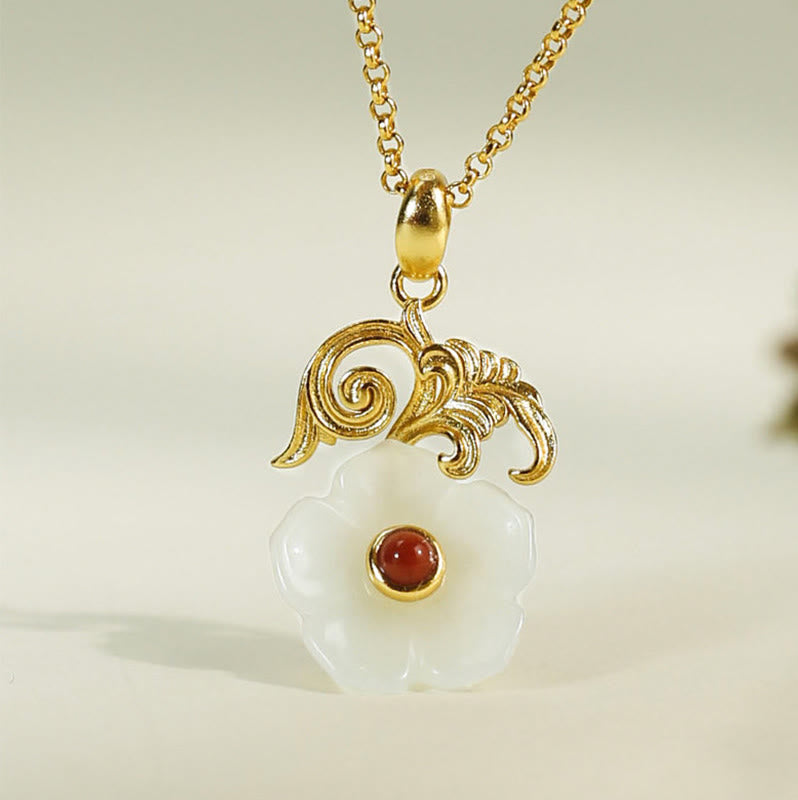 EverestArtstudios Hetian Jade Flower 925 Sterling Silver Luck Necklace Pendant