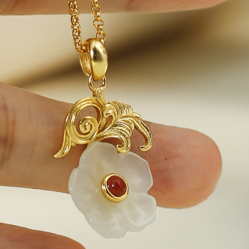 EverestArtstudios Hetian Jade Flower 925 Sterling Silver Luck Necklace Pendant