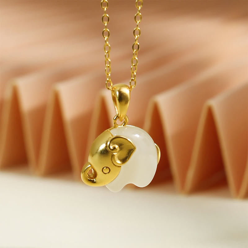 EverestArtstudios Elephant Hetian Jade 925 Sterling Silver Luck Necklace Pendant
