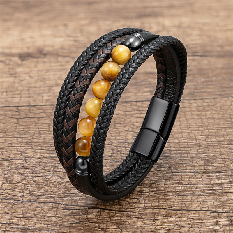 Buddha Stones Tiger Eye Lava Rock Black Onyx Lazurite Lapis Lazuli Hematite Bead Positive Leather Bracelet