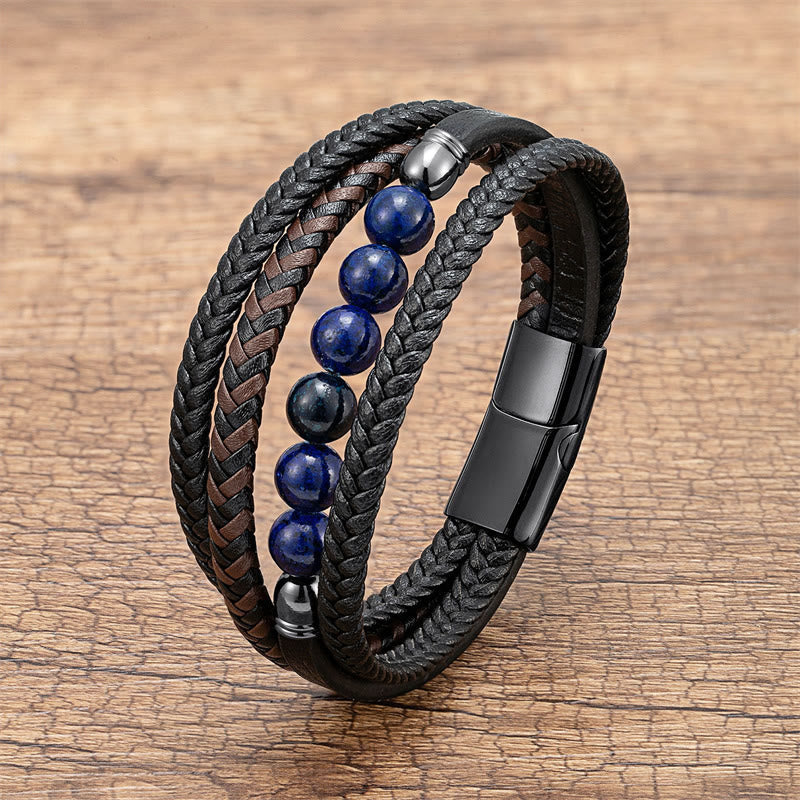 Buddha Stones Tiger Eye Lava Rock Black Onyx Lazurite Lapis Lazuli Hematite Bead Positive Leather Bracelet