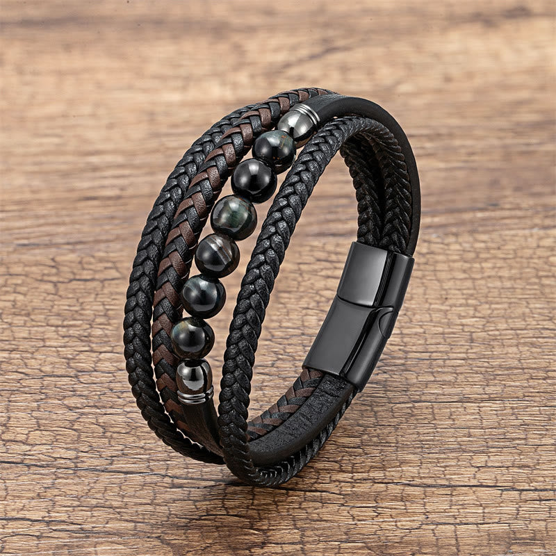 Buddha Stones Tiger Eye Lava Rock Black Onyx Lazurite Lapis Lazuli Hematite Bead Positive Leather Bracelet