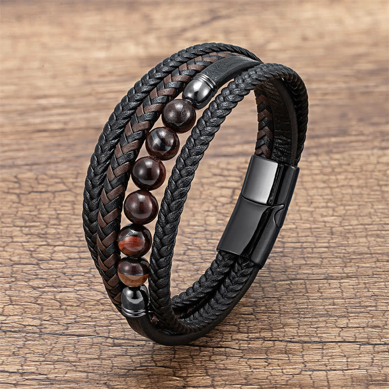 Buddha Stones Tiger Eye Lava Rock Black Onyx Lazurite Lapis Lazuli Hematite Bead Positive Leather Bracelet