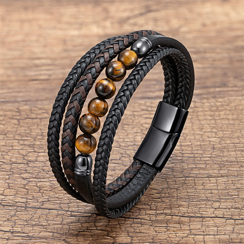 Buddha Stones Tiger Eye Lava Rock Black Onyx Lazurite Lapis Lazuli Hematite Bead Positive Leather Bracelet