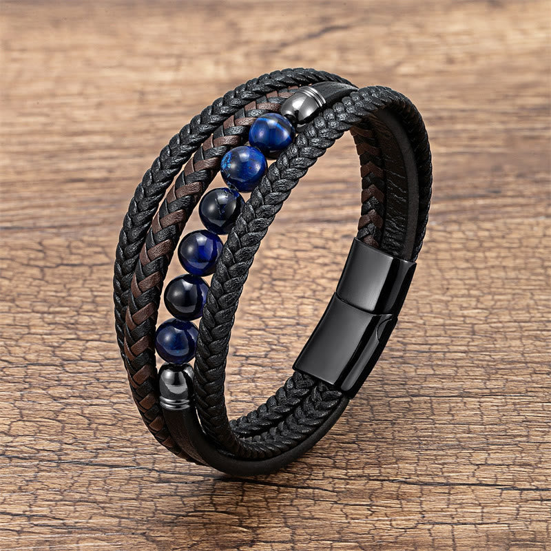 Buddha Stones Tiger Eye Lava Rock Black Onyx Lazurite Lapis Lazuli Hematite Bead Positive Leather Bracelet
