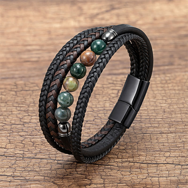 Buddha Stones Tiger Eye Lava Rock Black Onyx Lazurite Lapis Lazuli Hematite Bead Positive Leather Bracelet