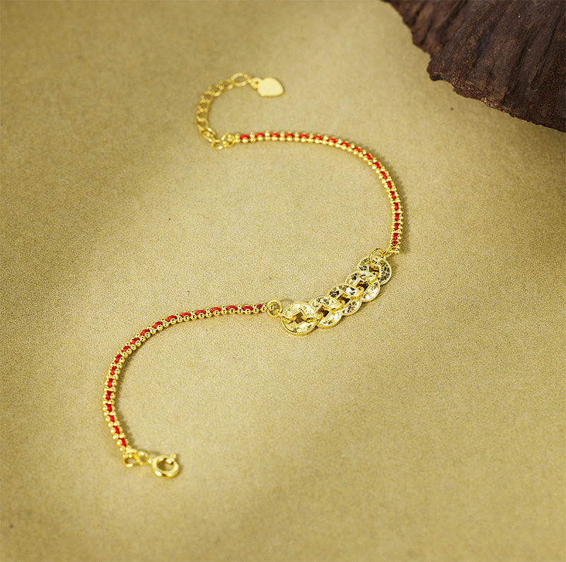 Buddha Stones 925 Sterling Silver Five-Emperor Coins Red String Balance Bracelet