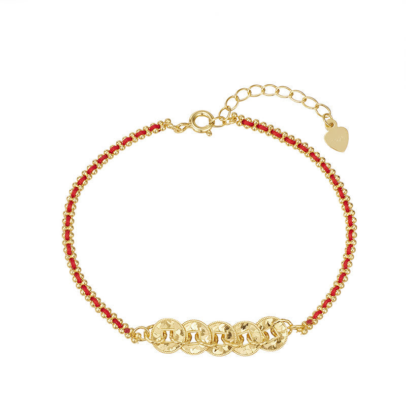 Buddha Stones 925 Sterling Silver Five-Emperor Coins Red String Balance Bracelet