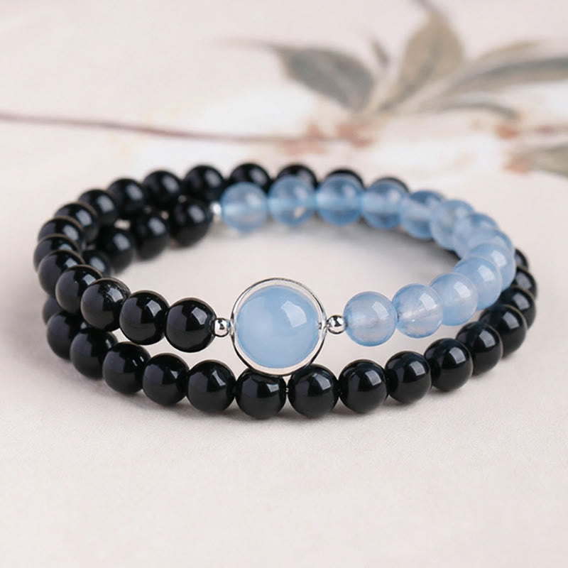 Buddha Stones Aquamarine Black Obsidian Peace Purification Bracelet