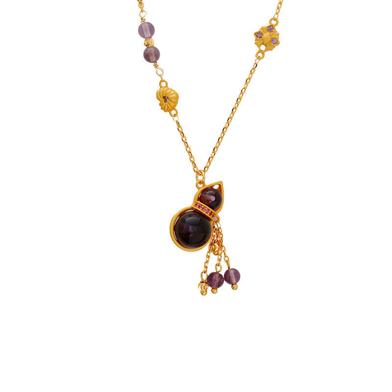 Buddha Stones Gourd Tassel Amethyst Copper Chain Meditation Necklace Pendant