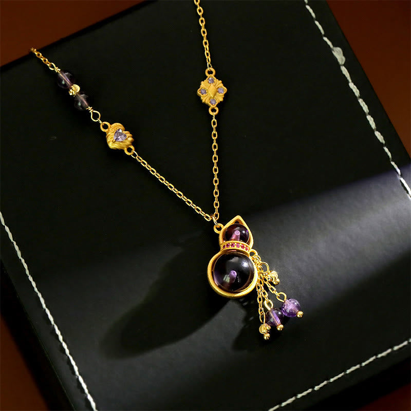 Buddha Stones Gourd Tassel Amethyst Copper Chain Meditation Necklace Pendant