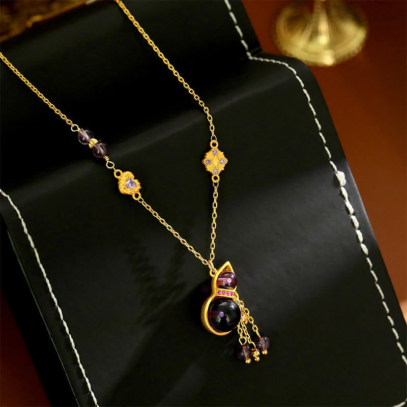 Buddha Stones Gourd Tassel Amethyst Copper Chain Meditation Necklace Pendant