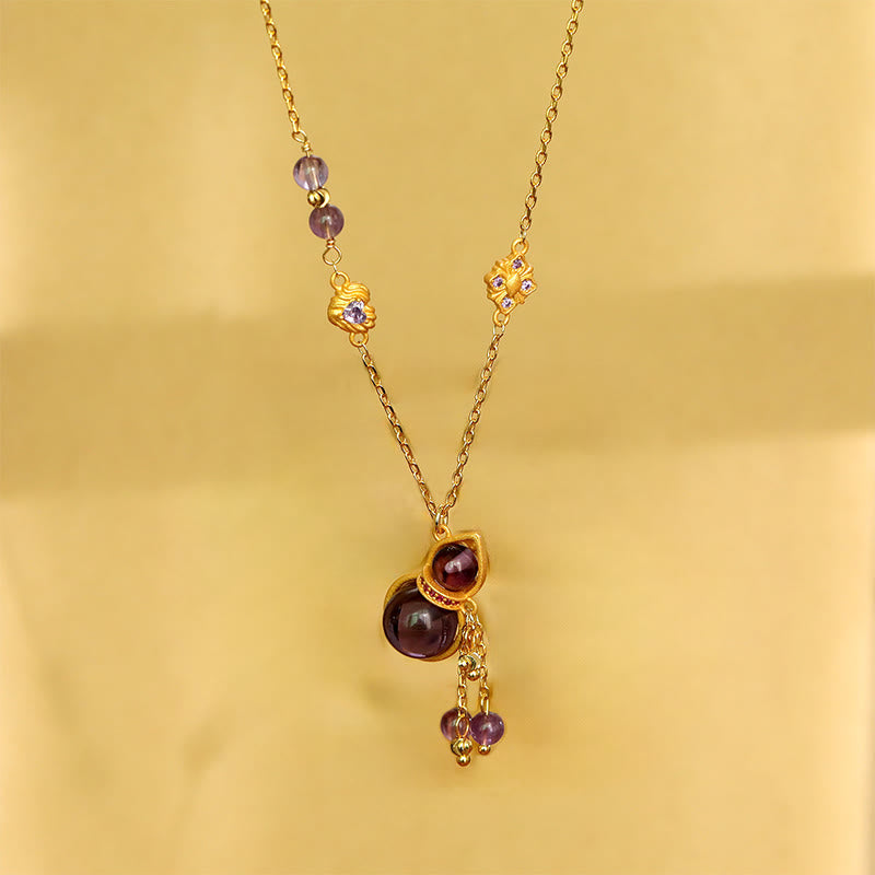 Buddha Stones Gourd Tassel Amethyst Copper Chain Meditation Necklace Pendant