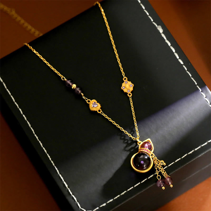 Buddha Stones Gourd Tassel Amethyst Copper Chain Meditation Necklace Pendant