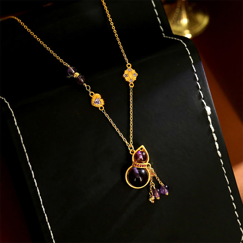 Buddha Stones Gourd Tassel Amethyst Copper Chain Meditation Necklace Pendant