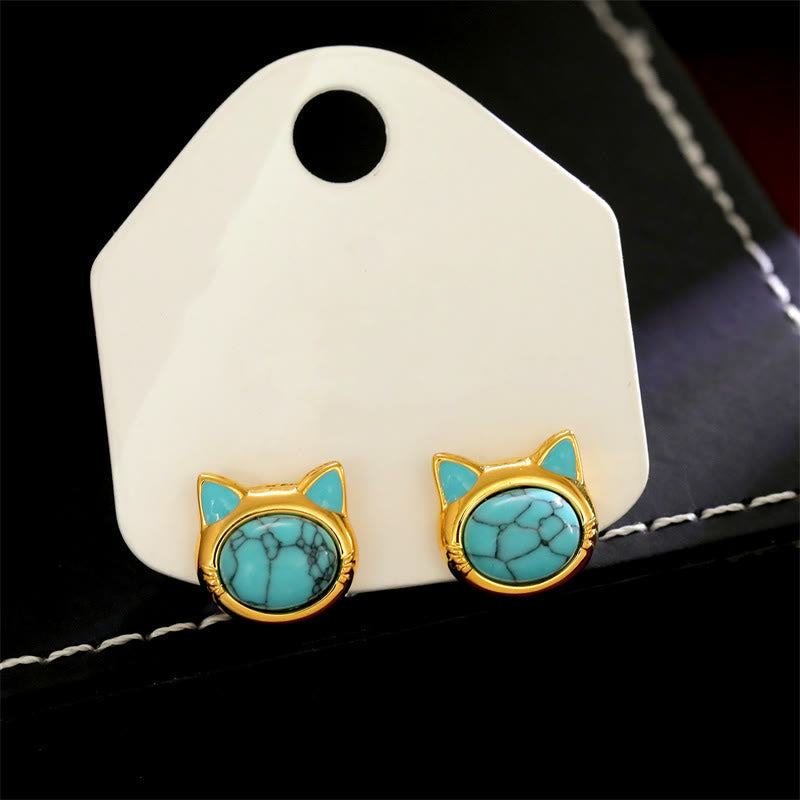 EverestArtStudios Turquoise Tiger Eye Cat Head Design Copper Protection Stud Earrings