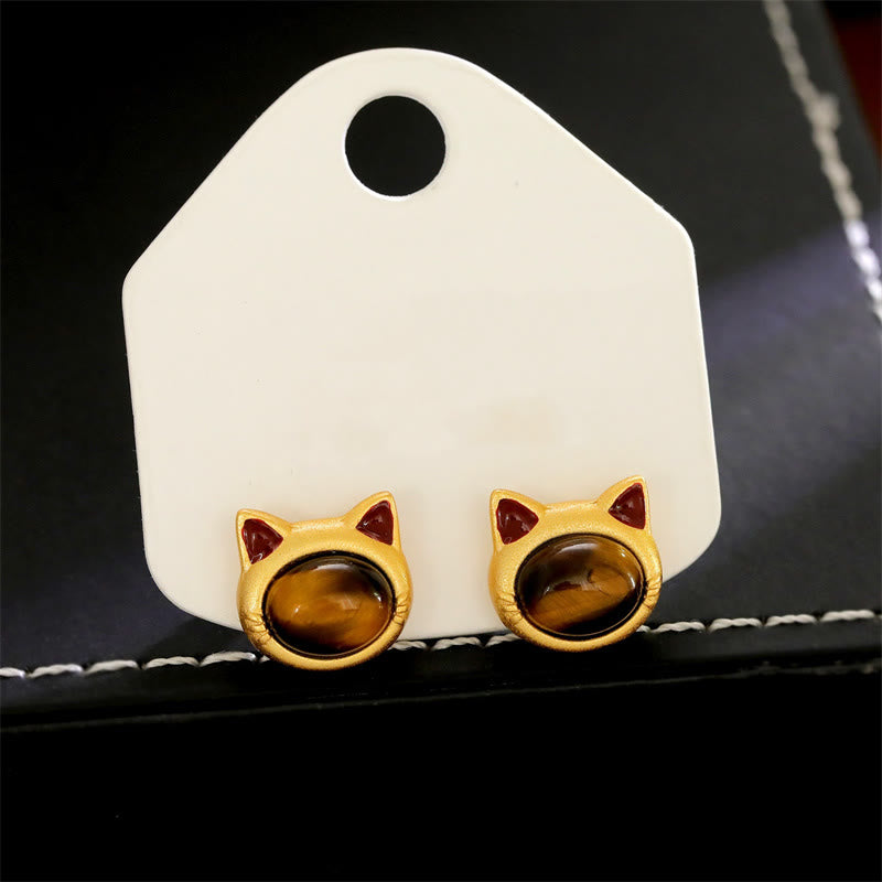 EverestArtStudios Turquoise Tiger Eye Cat Head Design Copper Protection Stud Earrings