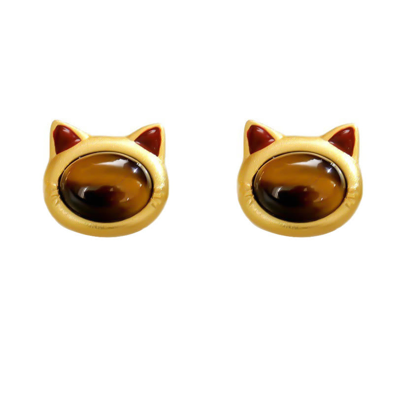 EverestArtStudios Turquoise Tiger Eye Cat Head Design Copper Protection Stud Earrings