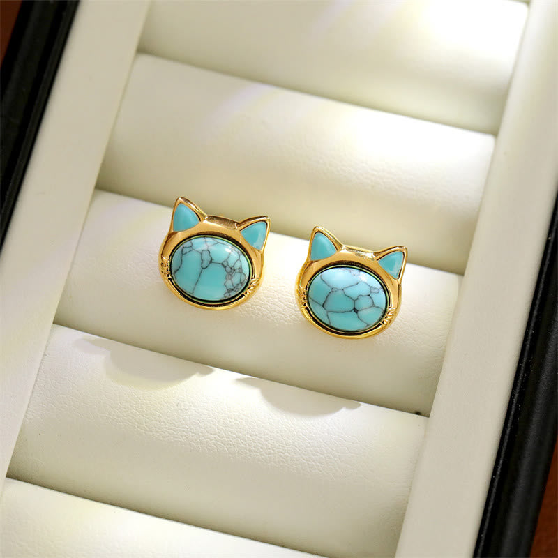 EverestArtStudios Turquoise Tiger Eye Cat Head Design Copper Protection Stud Earrings