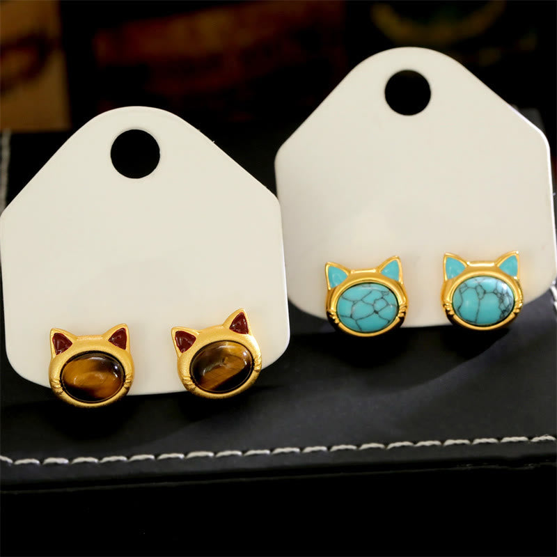 EverestArtStudios Turquoise Tiger Eye Cat Head Design Copper Protection Stud Earrings