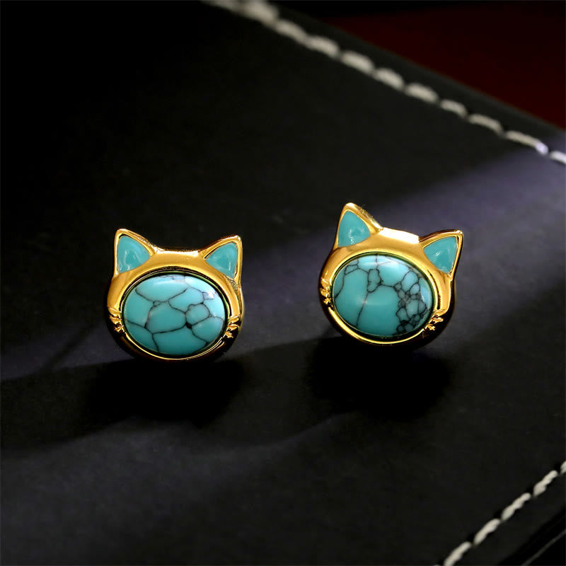 EverestArtStudios Turquoise Tiger Eye Cat Head Design Copper Protection Stud Earrings