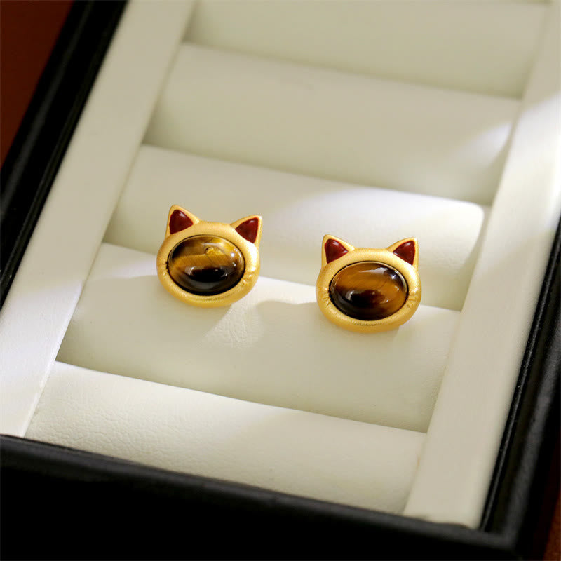 EverestArtStudios Turquoise Tiger Eye Cat Head Design Copper Protection Stud Earrings