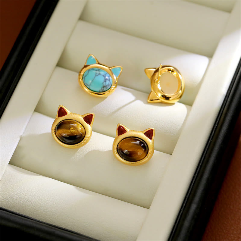 EverestArtStudios Turquoise Tiger Eye Cat Head Design Copper Protection Stud Earrings