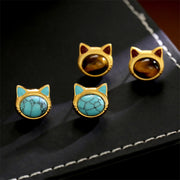 EverestArtStudios Turquoise Tiger Eye Cat Head Design Copper Protection Stud Earrings