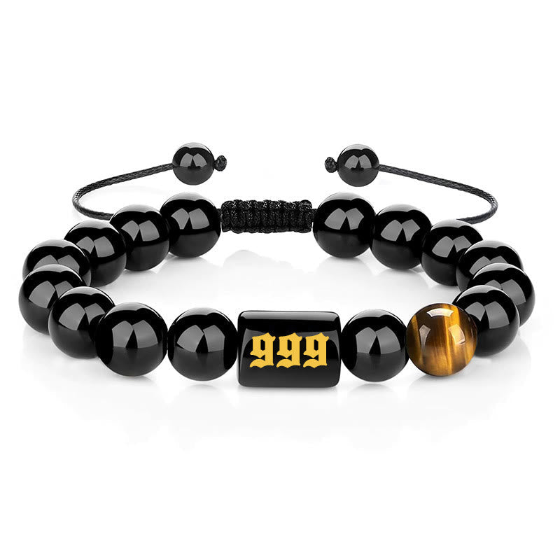 Buddha Stones Angel Number Natural Black Obsidian Tiger Eye Strength Fulfillment Bracelet