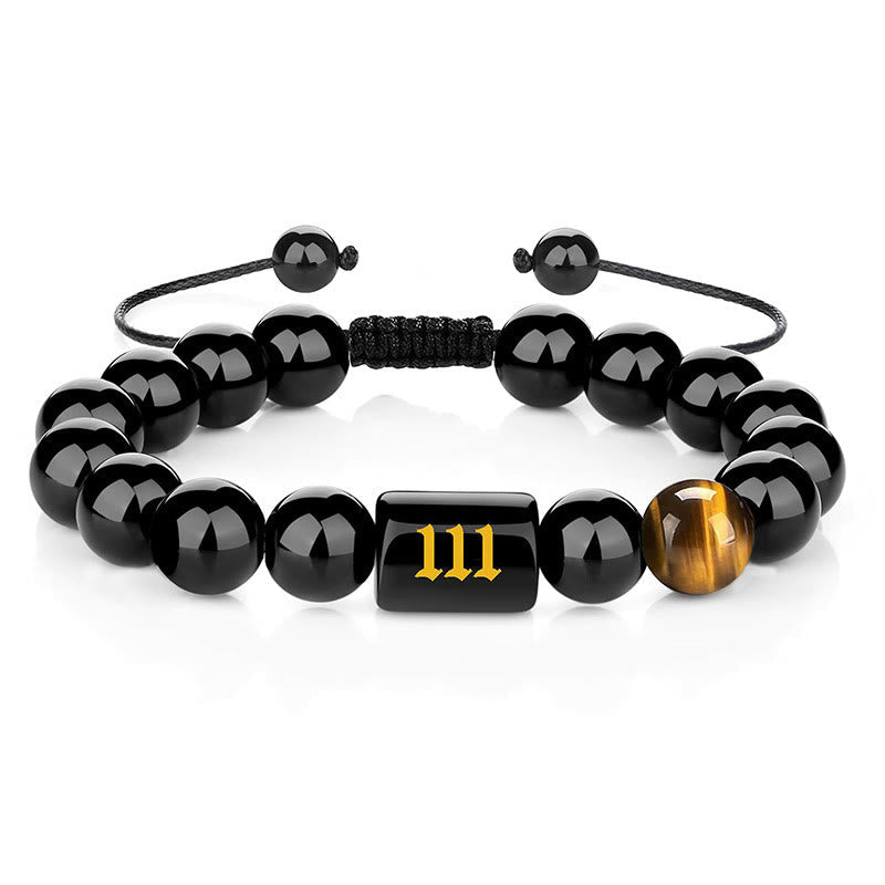 Buddha Stones Angel Number Natural Black Obsidian Tiger Eye Strength Fulfillment Bracelet