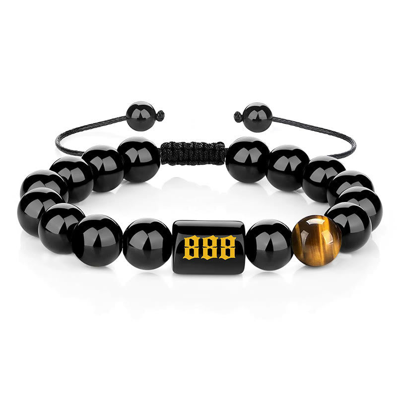Buddha Stones Angel Number Natural Black Obsidian Tiger Eye Strength Fulfillment Bracelet