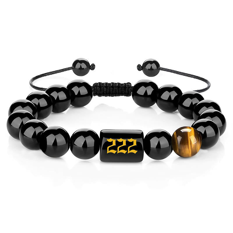 Buddha Stones Angel Number Natural Black Obsidian Tiger Eye Strength Fulfillment Bracelet