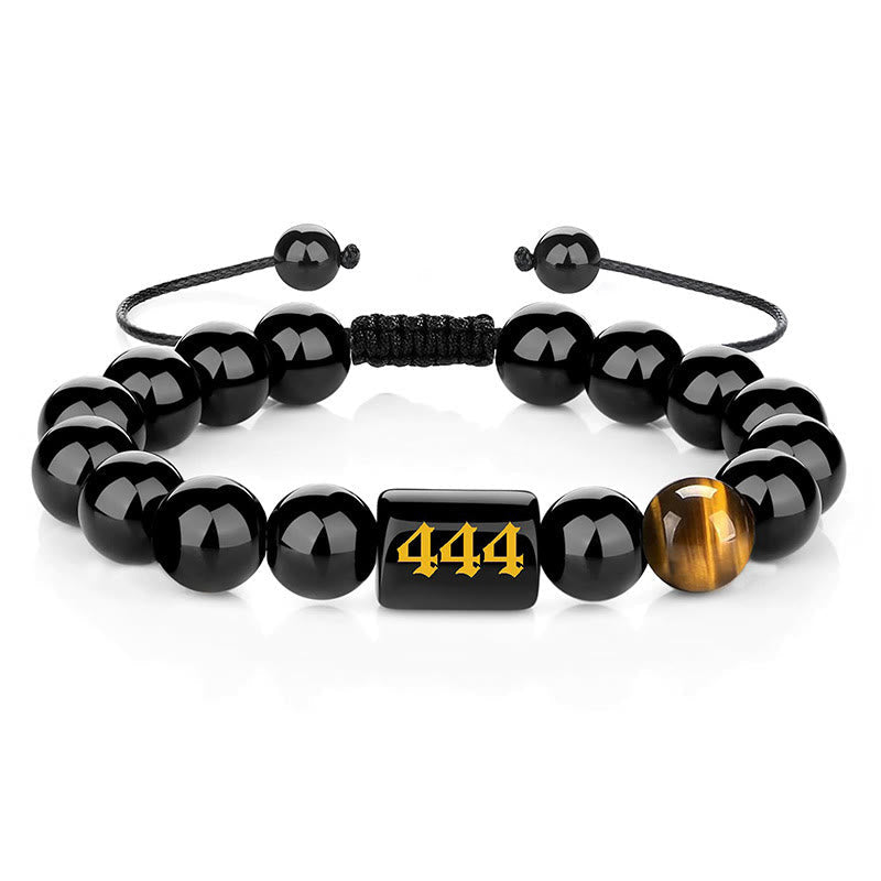 Buddha Stones Angel Number Natural Black Obsidian Tiger Eye Strength Fulfillment Bracelet
