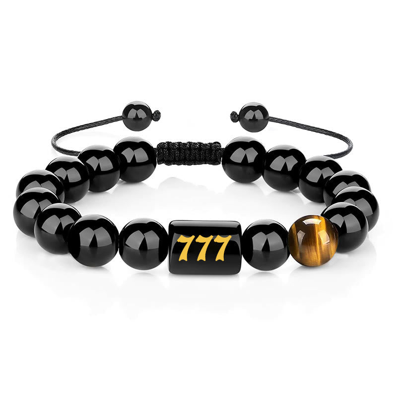 Buddha Stones Angel Number Natural Black Obsidian Tiger Eye Strength Fulfillment Bracelet