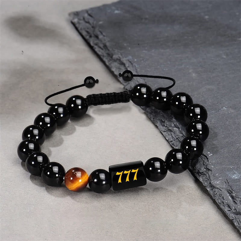 Buddha Stones Angel Number Natural Black Obsidian Tiger Eye Strength Fulfillment Bracelet