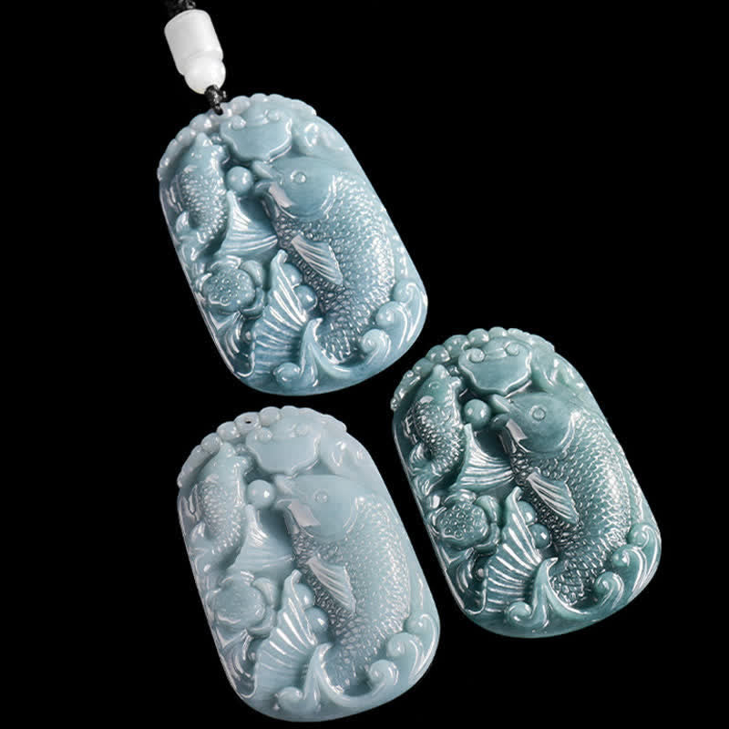 EverestArtstudios Natural Jade Carving Double Koi Fish Rope Prosperity Necklace Pendant