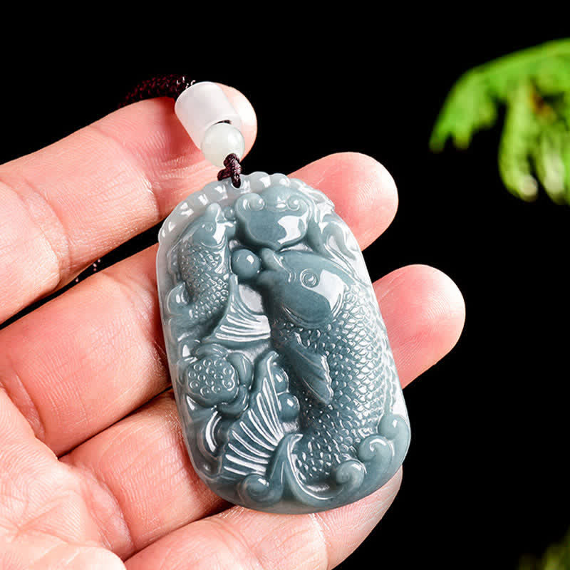 EverestArtstudios Natural Jade Carving Double Koi Fish Rope Prosperity Necklace Pendant