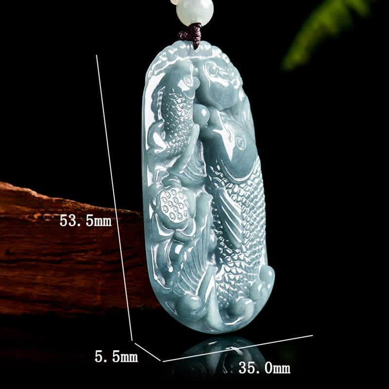 EverestArtstudios Natural Jade Carving Double Koi Fish Rope Prosperity Necklace Pendant
