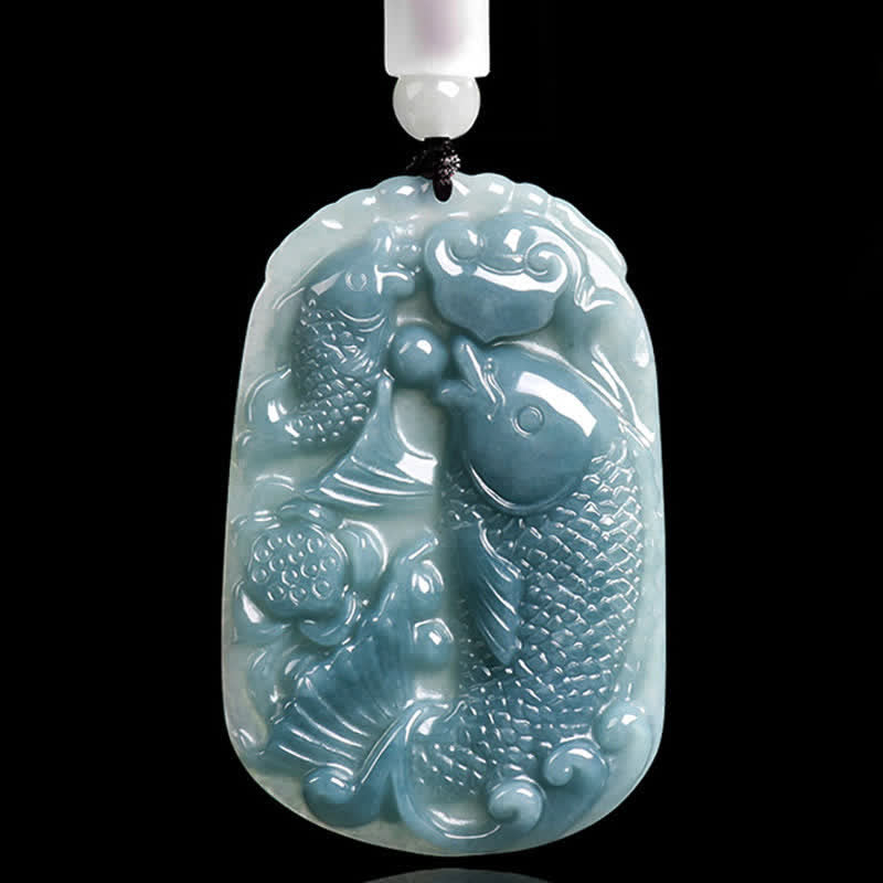 EverestArtstudios Natural Jade Carving Double Koi Fish Rope Prosperity Necklace Pendant