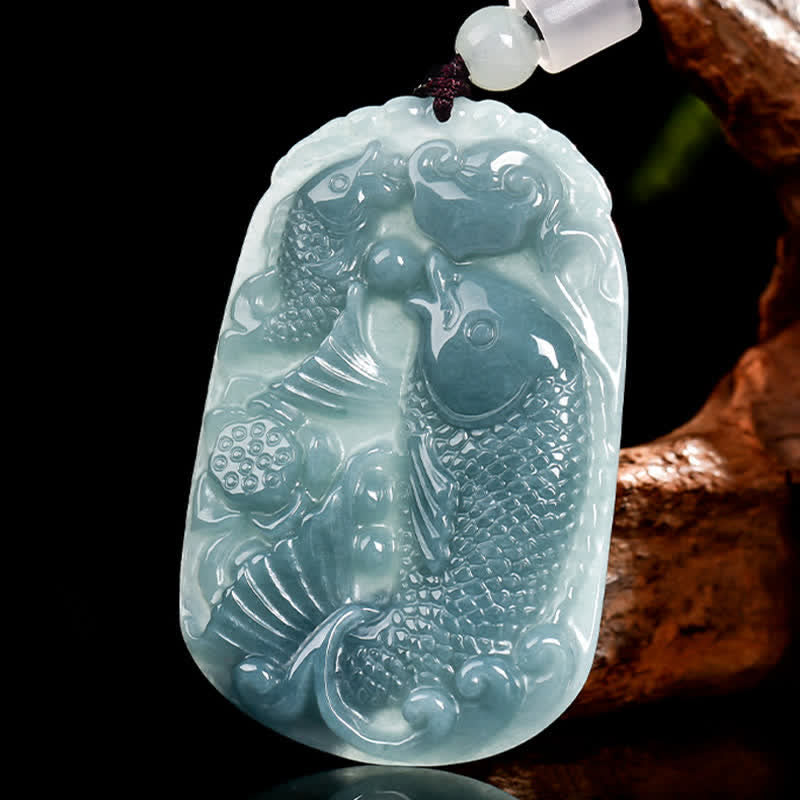 EverestArtstudios Natural Jade Carving Double Koi Fish Rope Prosperity Necklace Pendant