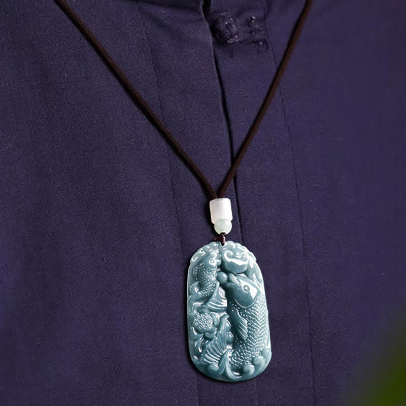 EverestArtstudios Natural Jade Carving Double Koi Fish Rope Prosperity Necklace Pendant