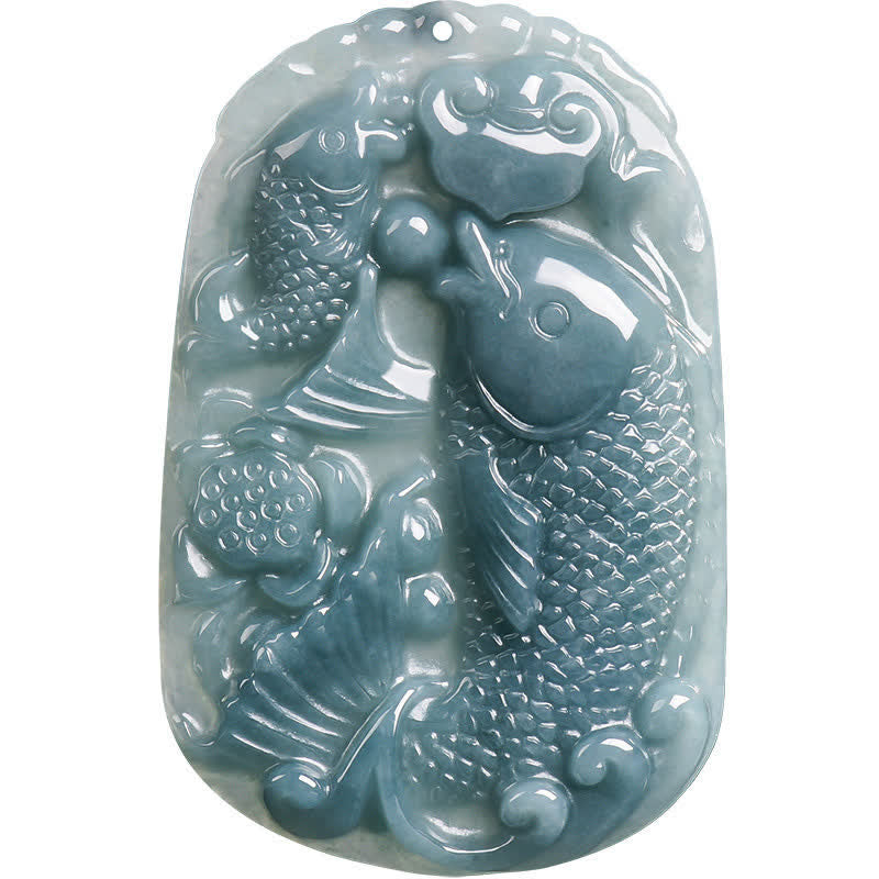 EverestArtstudios Natural Jade Carving Double Koi Fish Rope Prosperity Necklace Pendant