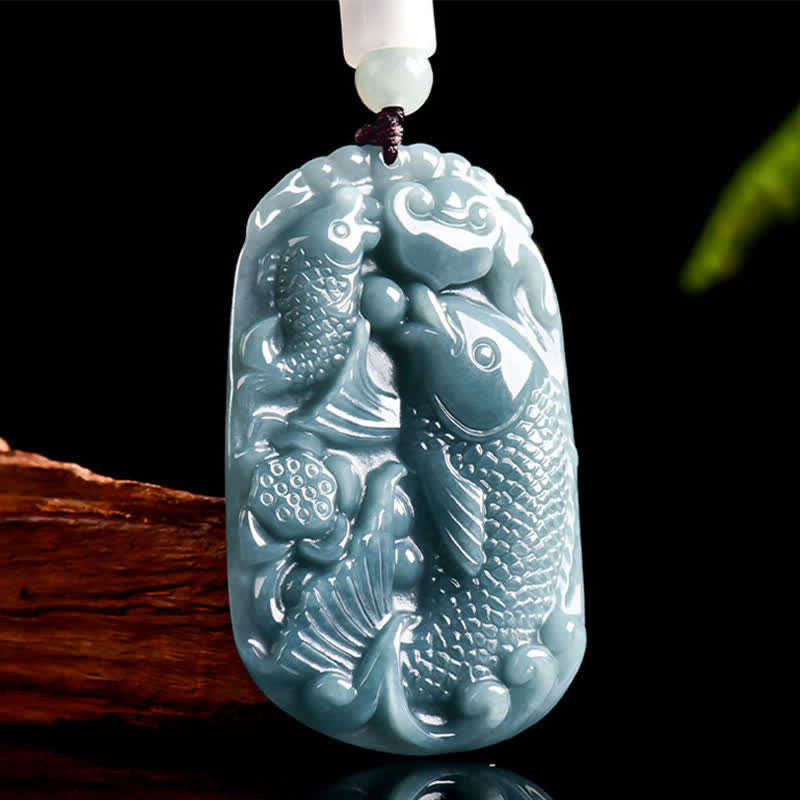 EverestArtstudios Natural Jade Carving Double Koi Fish Rope Prosperity Necklace Pendant
