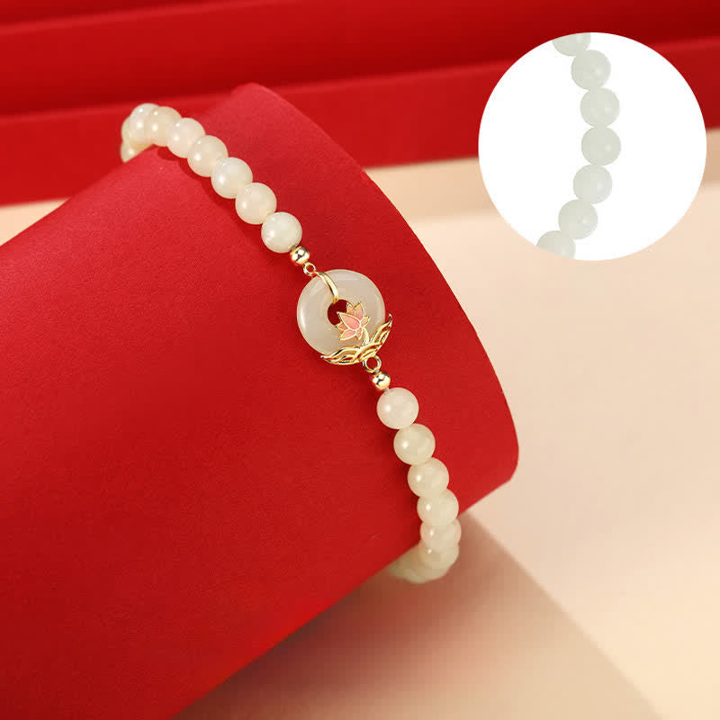 EverestArtstudios 925 Sterling Silver Hetian White Jade Lotus Symbol Peace Buckle Harmony Beaded Bracelet