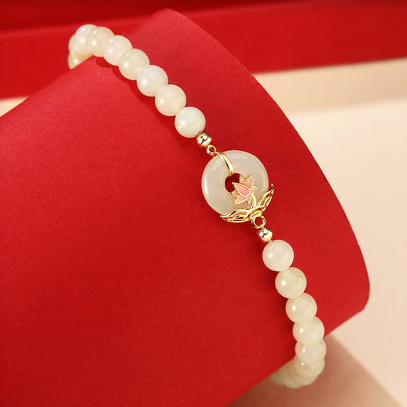 EverestArtstudios 925 Sterling Silver Hetian White Jade Lotus Symbol Peace Buckle Harmony Beaded Bracelet