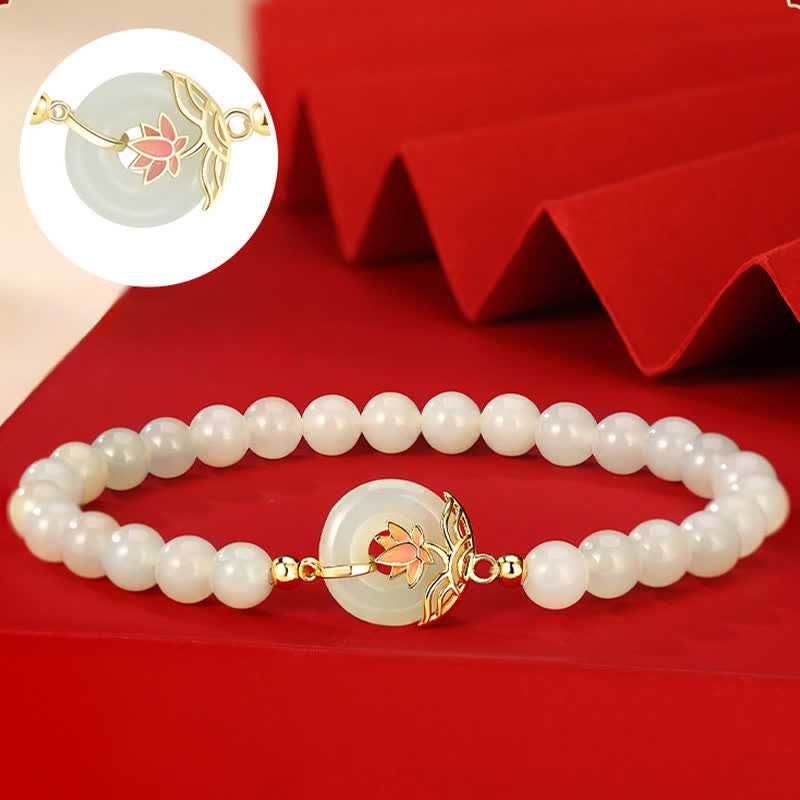 EverestArtstudios 925 Sterling Silver Hetian White Jade Lotus Symbol Peace Buckle Harmony Beaded Bracelet