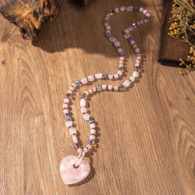 Buddha Stones Rose Quartz Green Aventurine Love Heart Beads Luck Necklace Pendant