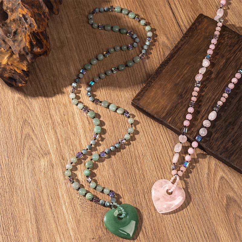 Buddha Stones Rose Quartz Green Aventurine Love Heart Beads Luck Necklace Pendant